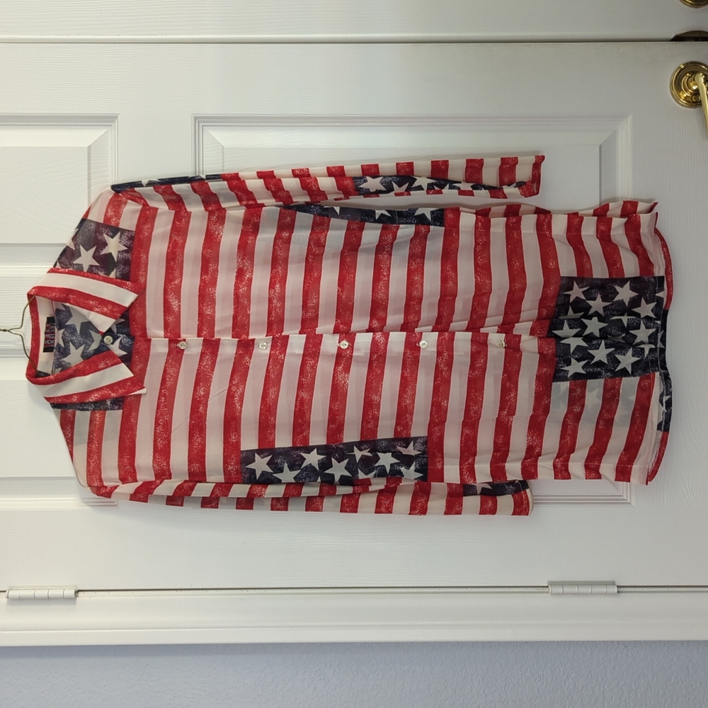 Morgan de Toi Sheer patriotic long button down shirt... Long sleeve XS